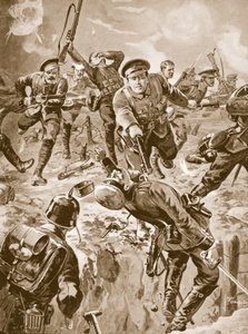 Desátník J. Davies a osm mužů mířících bajonetem na skupinu Němců, kteří je předtím obklíčili (litho)