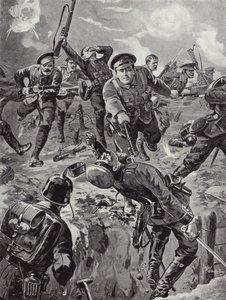 Desátník Joseph Davies a osm mužů, kteří s bajonety v ruce odráží skupinu Němců, kteří je předtím obklíčili, Delvillský les, Francie, 20. července 1916.