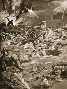 Poručík Geary spěchá pod těžkou palbou do zákopu na pravé straně kopce 60, aby se spojil s důstojníkem.
