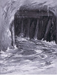Druhý desátník Collier se po dokončení své práce (DCM) (litho) snaží dostat z důlní štoly téměř plné vody