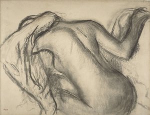 Po koupeli, Žena sušící si vlasy, kolem 1893-98 (uhlí a hnědá křída na papíře)