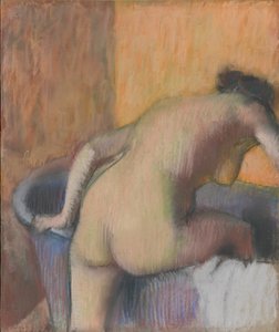Bather Stepping into a Tub, c.1890 (pastel a dřevěné uhlí na modrém položeném papíře připevněném na podkladové desce)