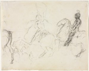 Bojová scéna s pancéřovanými postavami na koni recto Dvě sedící ženy verso, 1856-1860. od Edgar Degas