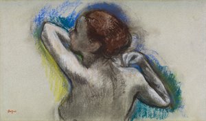 Tanečnice si upravuje ramenní popruh, cca 1895-1900 (uhl a pastel na papíře) od Edgar Degas