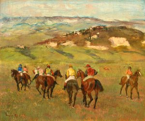 Žokejové na koni před Distant Hills, 1884 od Edgar Degas