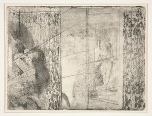 Loges d’Actrices (Šatny hereček), kolem roku 1875 (lept a akvatinta) od Edgar Degas