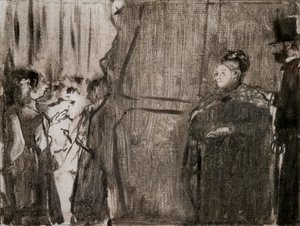 Seznamte se v zákulisí s Ludivicem Halevym a Madame Cardinal. Kolem 1876-1877. Monotyp má černý inkoust. od Edgar Degas