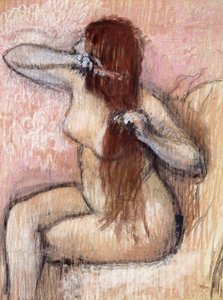 Nahá žena sedící aranžování vlasů; Femme nu assise, se coiffant, kolem 1887-1890