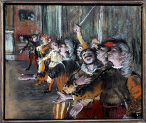 Pastelové komparsy nebo sboristé na monotyp od Edgara Degase (1834-1917) 1877 Sun. 0,27x0,32 m Paříž, musee d