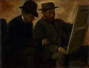 Paul Lafond a Alphonse Cherfils zkoumající obraz, kolem 1878-1880 od Edgar Degas