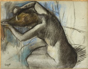 Sedící nahá žena kartáčující si vlasy, kolem roku 1885 (uhl a pastel na modrém papíře)