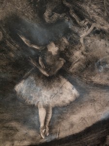 Mistr baletu (detail) (realizováno ve spolupráci s Ludovicem Lepicem). 1876. Monotyp černým inkoustem s bílými křídovými odlesky od Edgar Degas