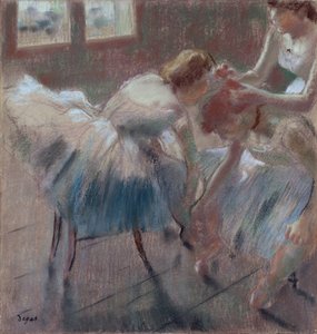Tři tanečníci se připravují na hodinu, kolem roku 1880 (pastel na žlutohnědém tkaném papíře) od Edgar Degas