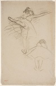 Dvě studie tanečnic. Nahoře tanečník stojící na levé noze; dole, předkloněný tanečník při pohledu zezadu od Edgar Degas