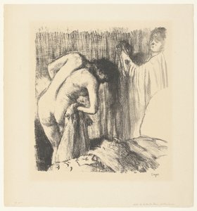 Žena se po koupeli osuší a dostane od ženy oblečení La Sortie du Bain od Edgar Degas
