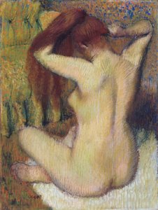 Žena česající si vlasy, kolem 1888-90 (pastel na světle zeleném tkaném papíře připevněném k paspartě)