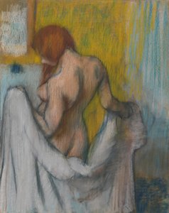 Žena s ručníkem, 1894 nebo 1898 (pastel na krémově zbarveném tkaném papíře s červenými a modrými vlákny)