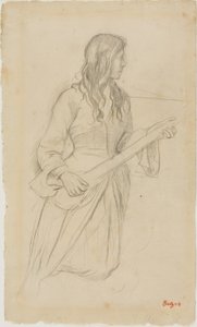Mladá žena hrající na mandolínu, studie pro portrét Mlle. Fiocre v baletu "La Source" od Edgar Degas