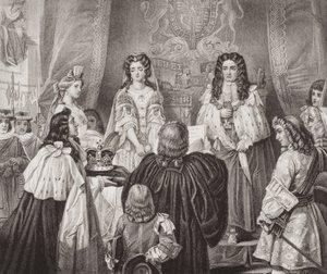 Koruna nabízená Williamovi a Marii Lords and Commons ve Whitehallu, 12. února 1689, z „Ilustrace anglické a skotské historie“ svazek II