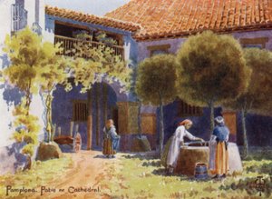 Severní Španělsko: Pamplona, Patio u katedrály (barevné lito) od Edgar T. A. Wigram