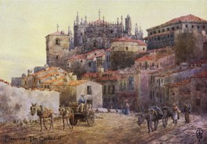 Severní Španělsko: Plasencia, městské hradby a katedrála (barevné lito) od Edgar T. A. Wigram