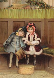 Dvě dívky v kostele na vánoční ráno (chromolitho) od Edith S. Berkeley