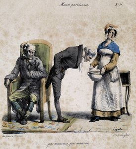 Nemocný, doktor hledá v hrnci a sluha. Kreslený film pařížské morálky od Pigala (19. století), zachovaný v Musee Dobree v Nantes. od Edme Jean (after) Pigal