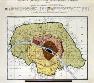 Detail Atlasu du Plan General de la Ville de Paris, který ukazuje různé přírůstky do města v průběhu historie od Edme Verniquet