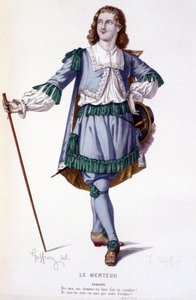 Postava Dorante v komedii Le Menteur - Plné divadlo: (Sbírka her Corneille) kresba Geffroy, rytina L. Wolff - ed. Laplace, Sanchez and Co., Paříž 1884