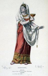 Postava Kleopatry v tragédii Rodogunská princezna des Parthes - Plné divadlo: (Sbírka her Corneille) kresba Geffroy, rytina L. Wolff - ed. Laplace, Sanchez et Cie, Paříž 1884