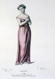 Postava Psyché v tragi komedii a baletu Psyche, Moliere et Corneille - Plné divadlo: (Sbírka her Corneille) kresba Geffroy, rytina L. Wolff - ed. Laplace, Sanchez et Cie, Paříž 1884