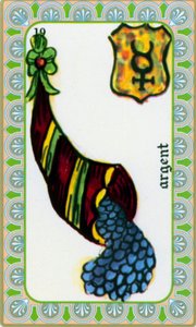 tarot od mága Belline nakreslil Edmond Billaudot c. 1845 a dán jasnovidce Belline k opětovnému vydání: karta peněz: mince v rohu hojnosti od Edmond Billaudot