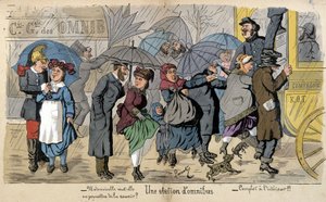 Omnibusová stanice v dešti - humorná kresba Lavrate, kolem roku 1880