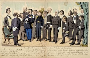 Kreslený film o francouzské společnosti od Lavrate: různé postavy ze státní správy, správních služeb... na oficiální recepci. 1880