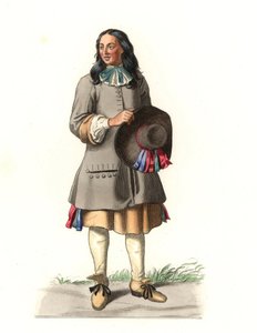 Francouzský rolník 17. století, po rytině z roku 1679, Jean Saint Jean - Litografie ilustrace Edmonda Lechevallier-Chevignarda (1825-1902), z „Costumes historiques des 16e od Edmond Lechevallier Chevignard