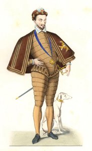 Francouzský král Jindřich III. (1551-1589), který nosí náhrdelník Řádu svatého Ducha - Litografie podle ilustrace Edmonda Lechevallier-Chevignarda (1825-1902), z „Costumes historiques des 16th