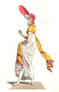 Mladá Francouzka oblečená v módě Wonderful z 18. století podle obrazu Carle Verneta (1758-1836) - Litografie podle ilustrace Edmonda Lechevallier-Chevignarda (1825-1902), z „Costumes historiques des 16th od Edmond Lechevallier Chevignard