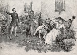 Dvě ženy a dvě děti vyděšené zastrašujícím mužem, rytina z ilustrace Edoardo Matania do knihy Vojenský život v Itálii od Edmonda De Amicis (1846-1908), z L