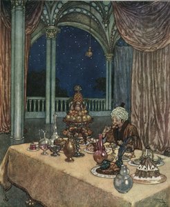 Kráska a zvíře: Krásčin otec přijíždí na zámek a objevuje stůl plný jídla, asi 1910 (litografie) od Edmund Dulac