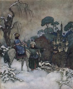Kráska a zvíře: Kráska, která souhlasila, že se ujme svého otce vězněného Bete, aby ho osvobodila, míří k zámku, asi 1910 (litografie) od Edmund Dulac