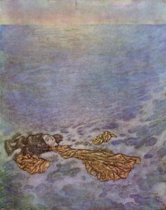 Ještě jednou pohlédla na prince, s očima již zastřenýma smrtí, pak se vrhla přes palubu a spadla, její tělo se rozplynulo v pěně, Ilustrace z "Mořské panny". od Edmund Dulac