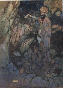 Otevřený sezam, ilustrace z filmu "Ali Baba a čtyřicet loupežníků" (barevná litografie) od Edmund Dulac