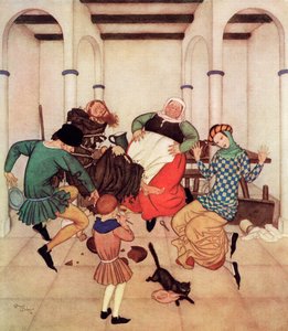 "Mnich, pevně přivázaný ke kůlu, se kroutil a svíjel a dával jasně najevo, že kdyby mohl, tak by ho rozšlápl", ilustrace z anglické pohádky The Friar and the Boy z knihy Edmunda Dulaca Fairy-Book: Dulacova kniha pohádek spojeneckých národů, vydaná v roce 1 od Edmund Dulac