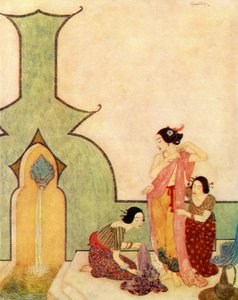 Paní z Bedr-el-buduru přichází do lázní, ilustrace z knihy "Aladin a zázračná lampa od Edmund Dulac
