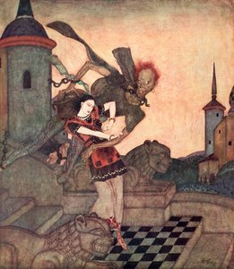 "Princ, který se díval ven, viděl, jak popadl princeznu a rychle odletěl", ilustrace ze srbské pohádky Příběh o Baščelíkovi z Pohádkové knížky Edmunda Dulaca: Dulacova kniha pohádek spojeneckých národů, vydaná v roce 1916. od Edmund Dulac