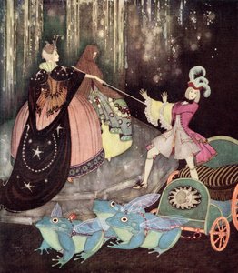"Princ jel v kočáře taženém třemi velkými žábami s velkými křídly. Truitonne tajemně vystoupila malými dvířky." Ilustrace z francouzské pohádky Modrý pták z knihy Edmunda Dulaca Pohádky: Dulacova kniha "Pohádky spojeneckých národů", vyd. 191.