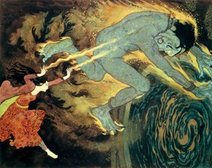 Princezna upálí Elfrita k smrti, z Příběhu tří kalendářů v knize "Sindibád námořník a jiné příběhy" (barevná litografie) od Edmund Dulac
