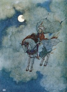 Létající kůň", ilustrace k příběhu o zakletém koni z "Pohádek 1001 noci", vydaných v Postupimi v roce 1920 (barevná litografie).