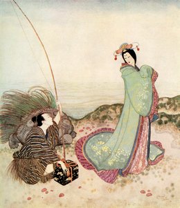 "Urašima byl tak okouzlen, že nedokázal promluvit ani slovo", ilustrace z japonské pohádky Příběh Urašimy Taro z knihy Edmunda Dulaca Pohádky: Dulacova pohádka, vydaná v roce 1916, s podtitulem "Pohádky spojeneckých národů". od Edmund Dulac