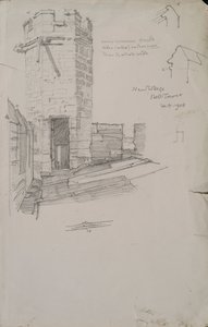 Náčrt zvonice na New College s detailem olověné střechy, 1908, tužka na papíře